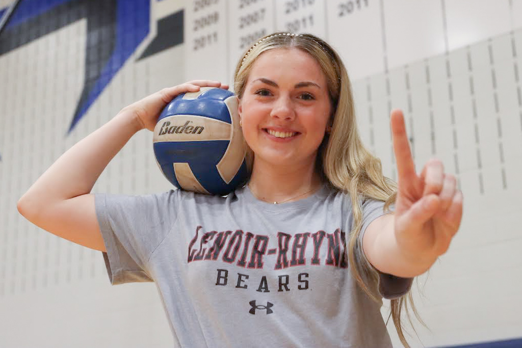 Senior Addy Vary poses for a picture in her college shirt on Sep. 10. Addy plans to attend Lenoir-Rhyne University to continue her volleyball career.
