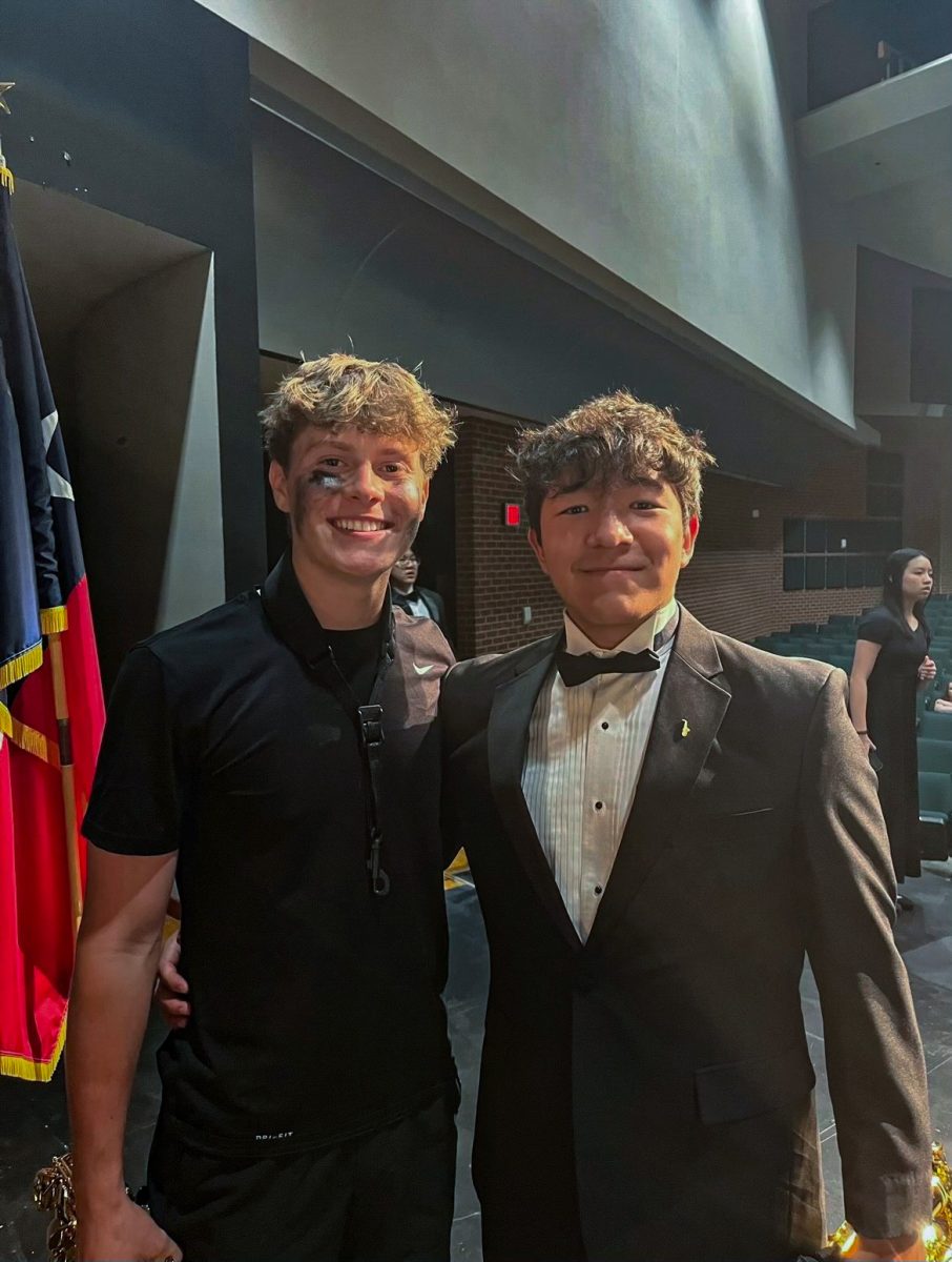 Luke and his friend Aaron Martinez, who passed away in 2023, pose together after a band concert in Luke’s freshman year. Luke went immediately from playing in a spring football game to the concert, and performed a solo in the show. 